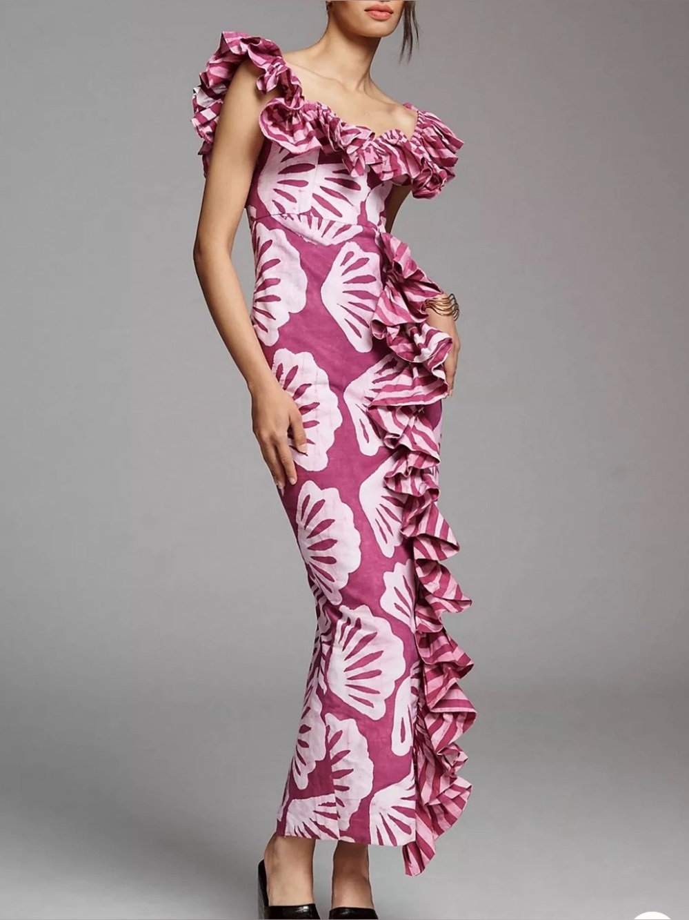 Sika Pink & White Tropical Ruffled Maxi Dress - size 6